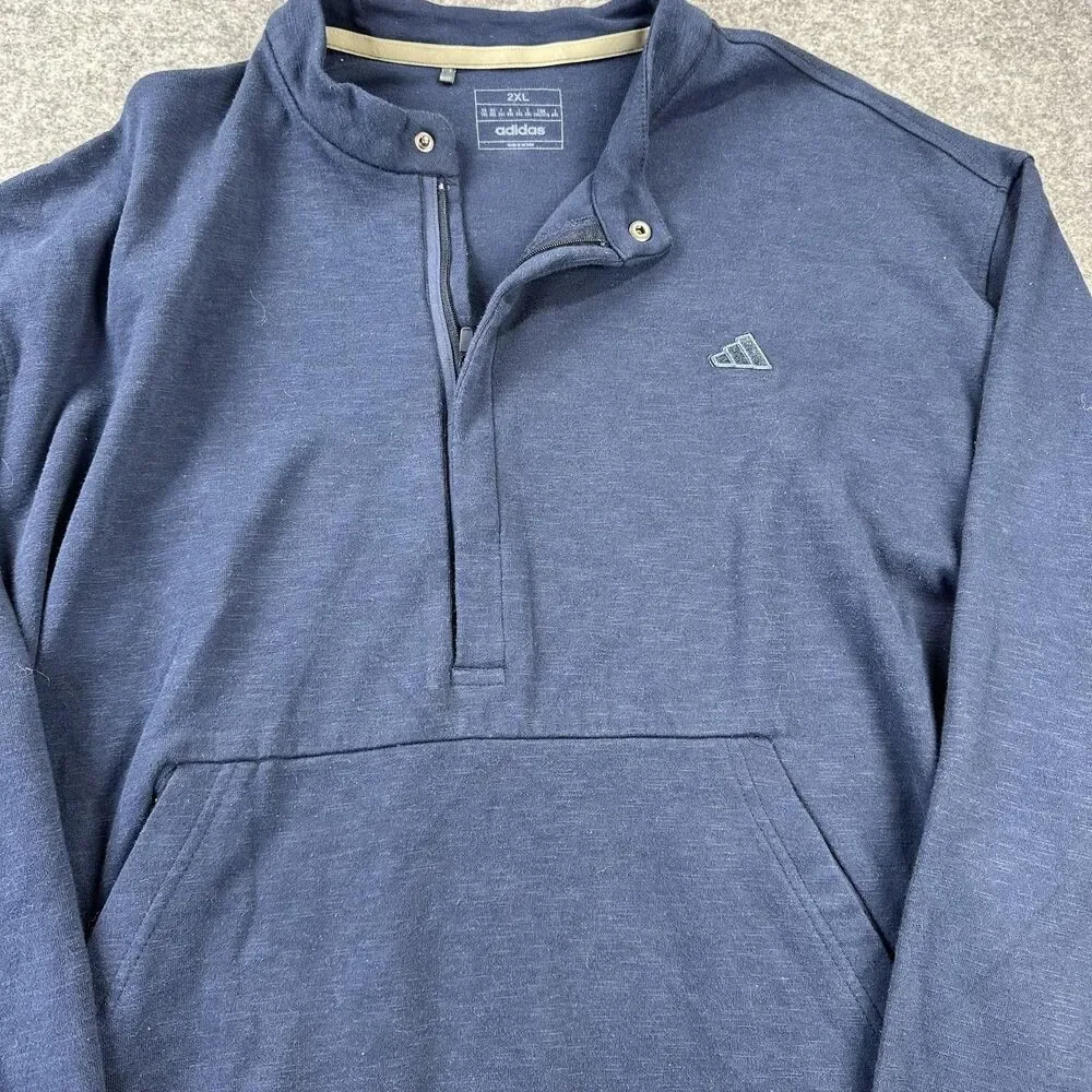 Adidas Sweatshirt Mens 2XL Blue 1/4 Zip Fleece Kangaroo Pocket Pullover